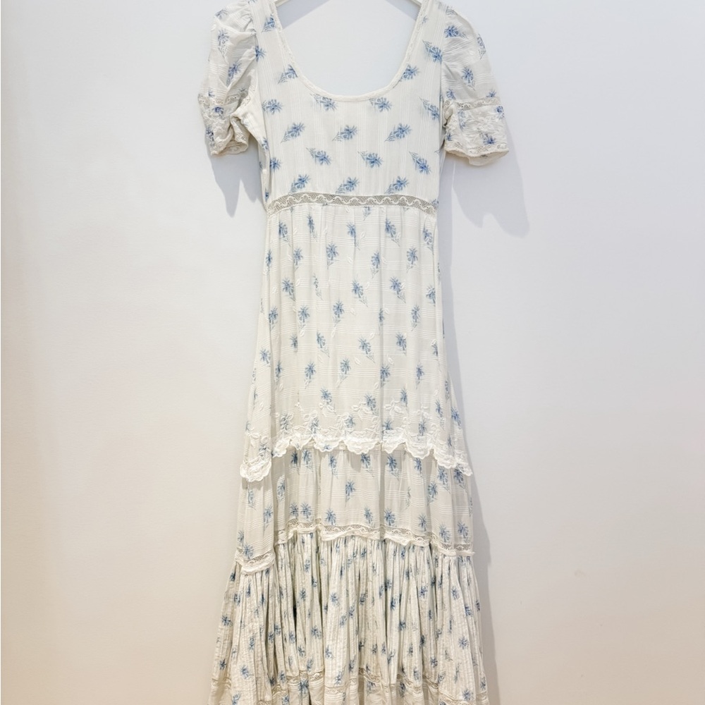 LoveShackFancy Floral White and Blue Maxi Dress